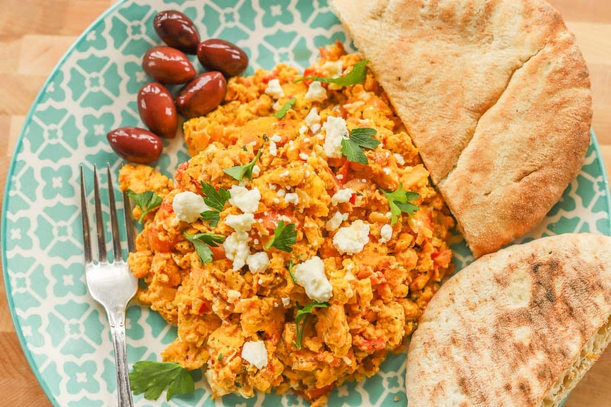 strapatsada with feta, olives, and pita.