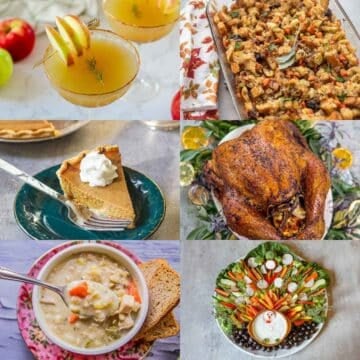 Thanksgiving recipes including turkey, turkey soup, pumpkin pie, turkey veggies tray, stuffing, and apple cider martini