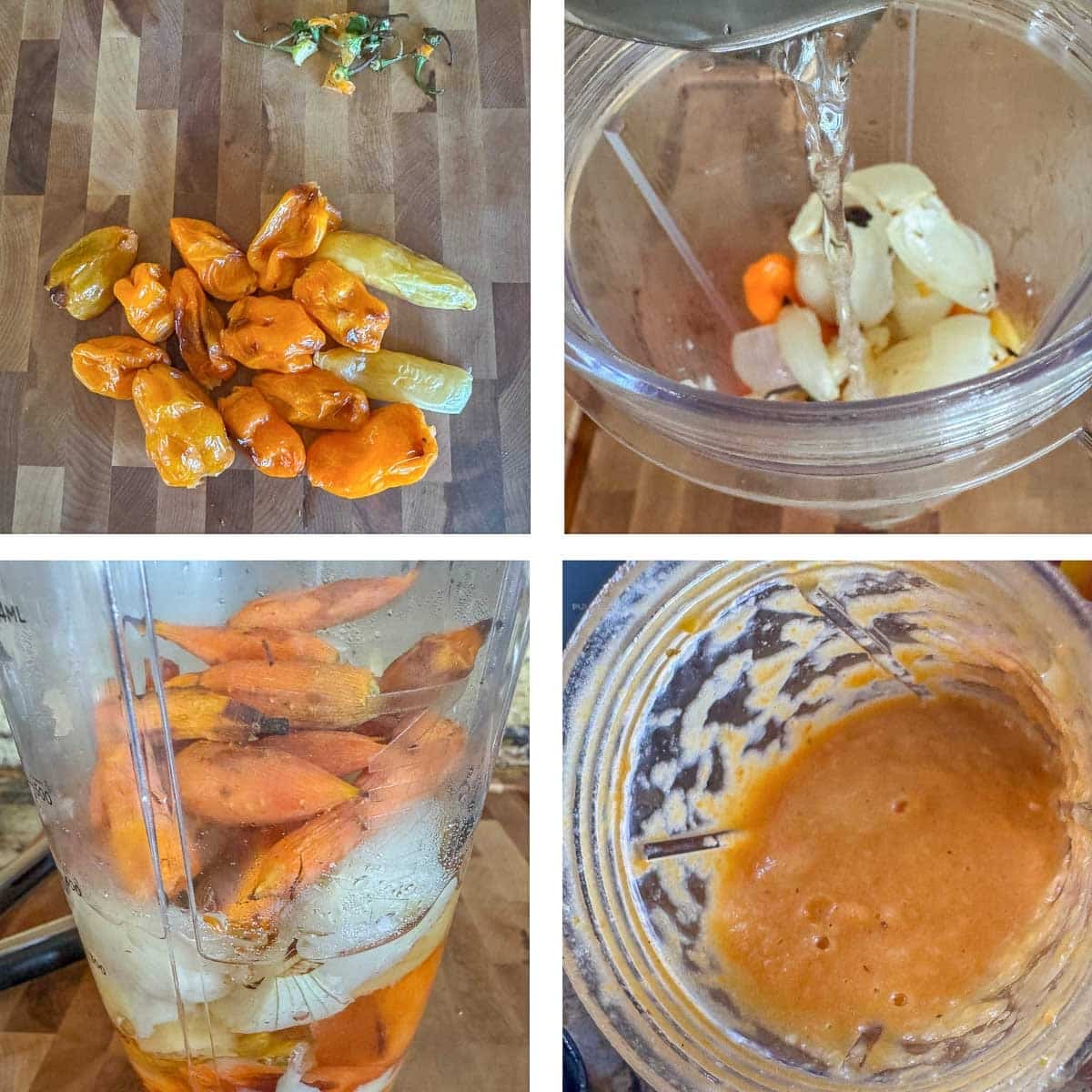 collage of roasted habaneros, adding liquid to a cup with roasted peppers and onions, all the habanero sauce ingredients before blending and after.