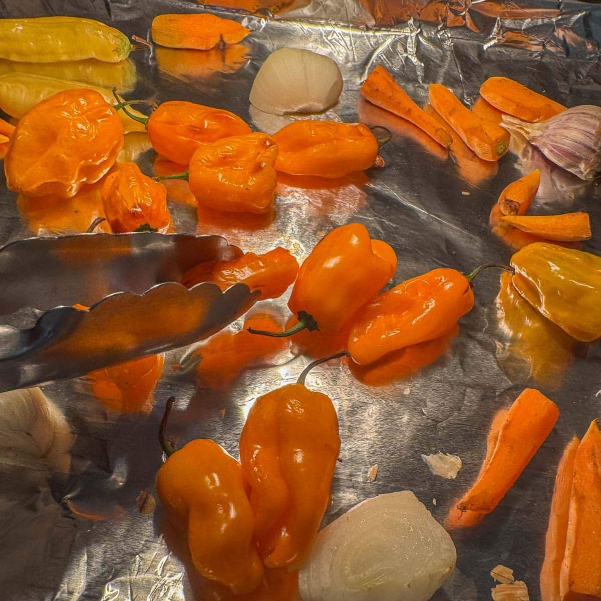 flipping roasted habaneros with tongs