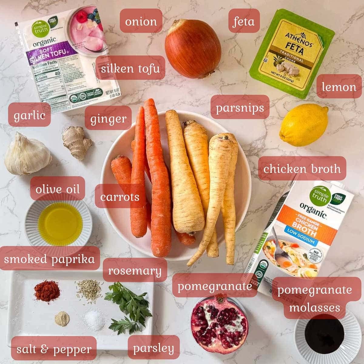 parsnip and carrot soup ingredients (veggies, tofu, broth, seasonings, etc.)