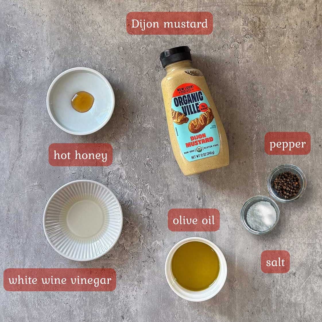 vinaigrette ingredients (mustard, honey, vinegar, oil, salt, pepper).