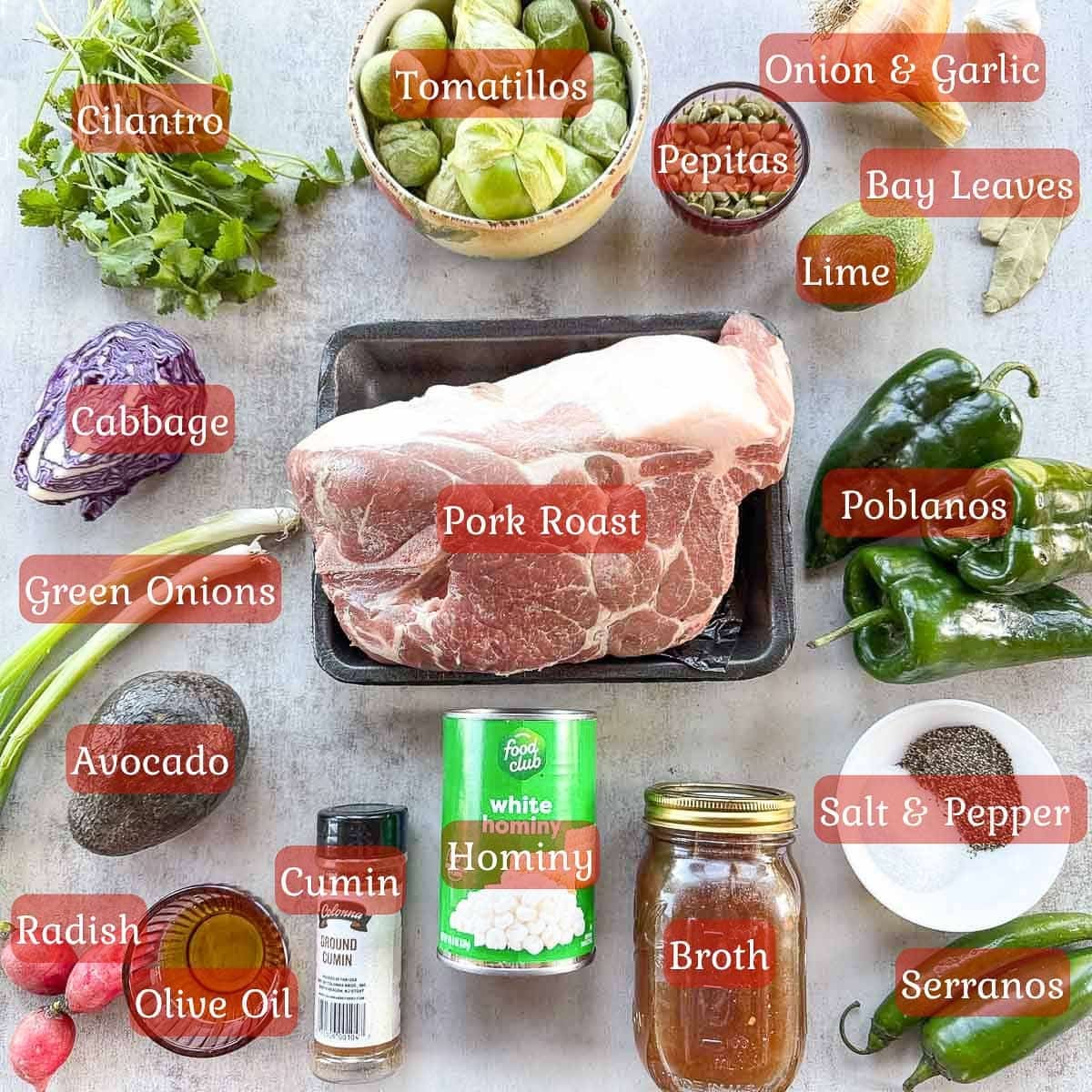pork pazole verde ingredients including pork, chiles, tomatillos, spices, etc.