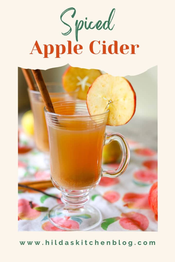 spiced apple cider in mugs garnished with apple slices and a cinnamon stick